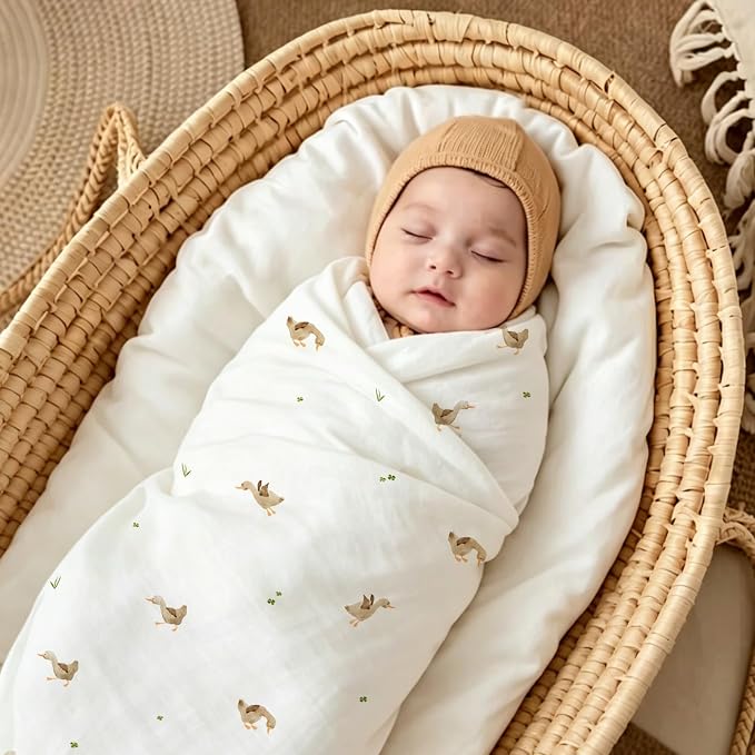 POMISO Muslin Swaddle Blankets for Boys & Girls, Newborn Receiving Blankets, 4 Pack Soft Breathable Baby Swaddles, Large 47x47 Inches, Adorable Ducklings