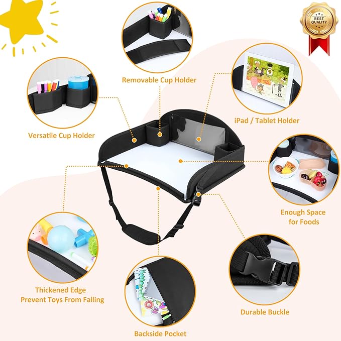 Kids Travel Tray for Toddler Carseat, Road Trip Activities Essentials for Toddler, Kids Lap Desk Tray with Tablet Holder Stand ï¼?Dry Erase Board (Black)