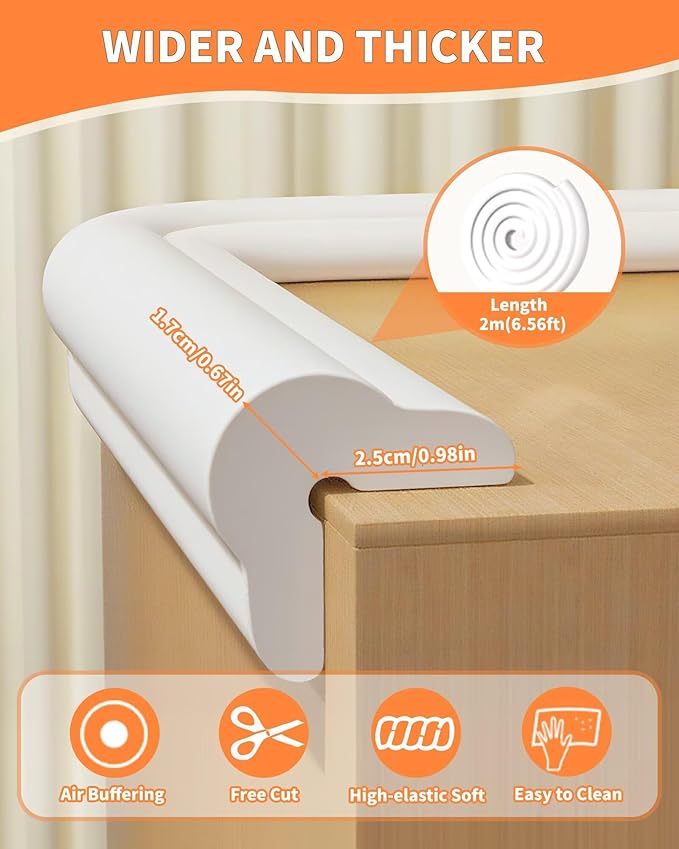 Edge Protector for Baby Proofing, 6.6FT 0.67?™’Th L-Shape Air Buffering Soft NBR Rubber Foam Furniture Edge Bumper Guards with 6 Corners, Pre-Taped, Thick Table Bumper Guard for Babies (White-gray)