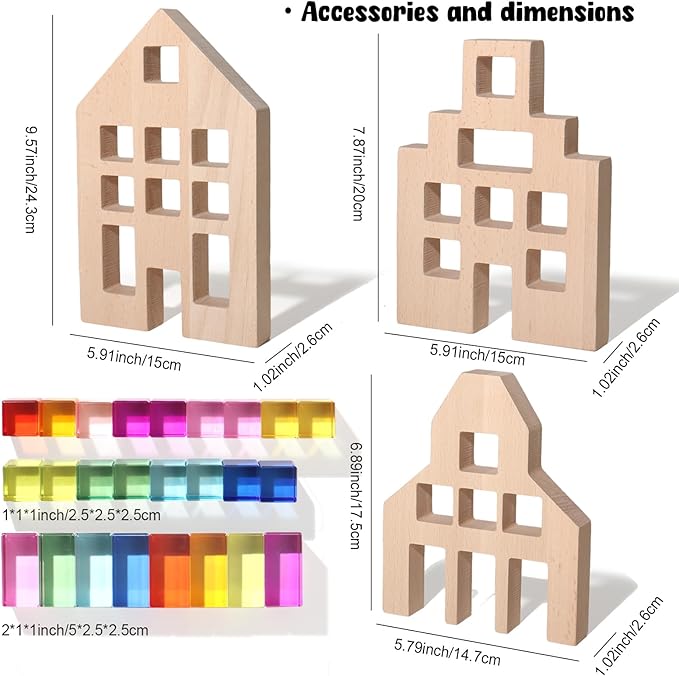 Dinhon 25 Pcs Acrylic Building Blocks with 3 Beech Wood Houses - 17 Cubes + 8 Long Blocks Rainbow Gem Set, Insert & Stack Sensory Toy for 1-5 Years Old Boys Girls, Creative Play Birthday Gift