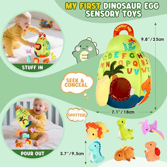 FREYBLI Baby Toys 6-12 Months - Soft Dinosaur Egg Toy with Rattle, Crinkle Paper, Squeaker, Mirror - Montessori Toys for 6 Month Old Developmental, Boy Girl Gifts Baby Easter Basket Stuffers