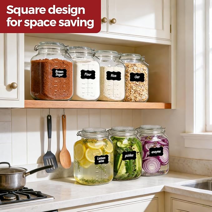1.1 Gallon Wide Mouth Glass Canisters with Airtight Lids & Measurement Marks (2-Pack) ??Includes 2 Measuring Scoops & Labels, Food Storage Jars for Flour, Sugar & Baking Supplies | BPA-Free