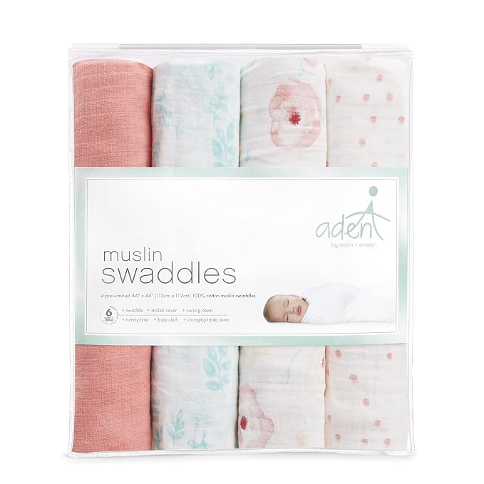 aden + anais Essentials Muslin Swaddle Blankets for Baby Girls and Boys, Newborn Receiving Blanket for Swaddling, 100% Cotton Baby Swaddle Wrap, 4 Pack, Full Bloom