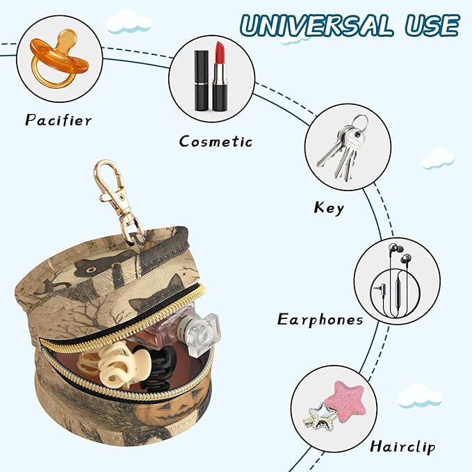 Pacifier Holder with Clip Pacifier Case for Diaper Bag Round Baby Pacifier Pouch Box Bag Portable Cat Halloween Pumpkin