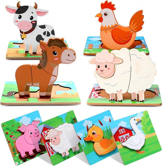 Zomiboo Wooden Puzzles for Toddlers 1-3 Farm Wooden Animal Puzzles for Toddlers 2-4 Boys Girls Kids 8 Pcs Farm Wood Chunky Animals Puzzle Educational Learning Montessori Toy Age 1-3 2-4 Back to School
