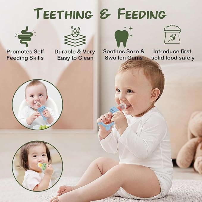 WAJIAYON Baby Breastmilk Popsicle Molds & Babies Fruit Feeder (4 Pack), Infant Food Freezer Tray Storage Containers, Silicone Teething Pacifier Feeder and Teether for Babies,Baby Feeders（Green）