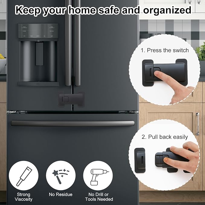 Fridge Locks for Kids, Child Proof Refrigerator Lock, Baby Safety French Fridge Door Lock, Child Cabinet Locks with Strong 3M Adhesive, No Drill, Tool-Free Install (1 Pack, Black)