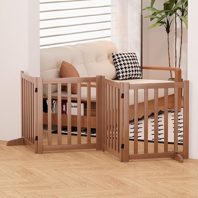 Wooden Freestanding Foldable Dog Gate, 24 Inch Height 4 Panel Pet Gate No Drill for Doorways Stairs, Fully Assembled Indoor Puppy Fence (Teak Color, 80" W x 24" H)