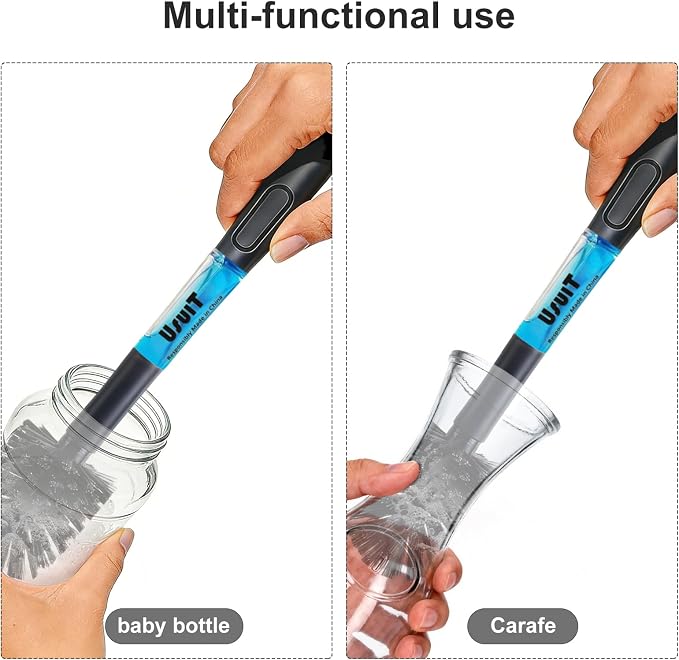 Soap Dispensing Bottle Brush (2 Pack) - Long Handle Kitchen Cleaner for Bottles, Carafes & Pitchers - Narrow Neck Glass Scrubber for Water Bottles & Tumblers