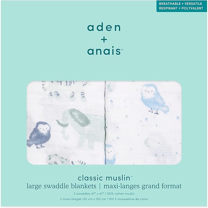 aden + anais Swaddle Blanket, Boutique Muslin Blankets for Girls & Boys, Baby Receiving Swaddles, Ideal Newborn & Infant Swaddling Set, Perfect Shower Gifts, 2 Pack, Time to Dream