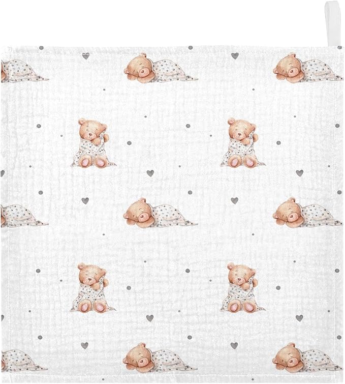 vvfelixl Baby Washcloths Cotton Cute Sleeping Teddy Bears Baby Muslin Washcloths Soft Baby Face Towel for Newborn Infants Baby Wipes, 11.8 X 11.8 inch, one sizex3