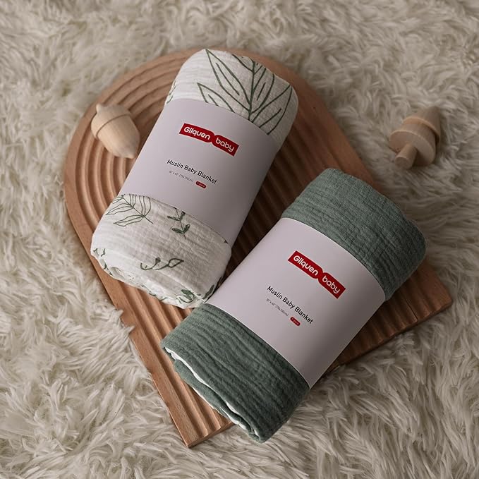 GLLQUEN BABY Blankets for Boys Girls, Soft Muslin Cotton Front Dotted Fleece Backing, Nursery Minky Crib Blanket for Infant Toddler, 30 x 40 inches Throw Blanket, Green & Leaves