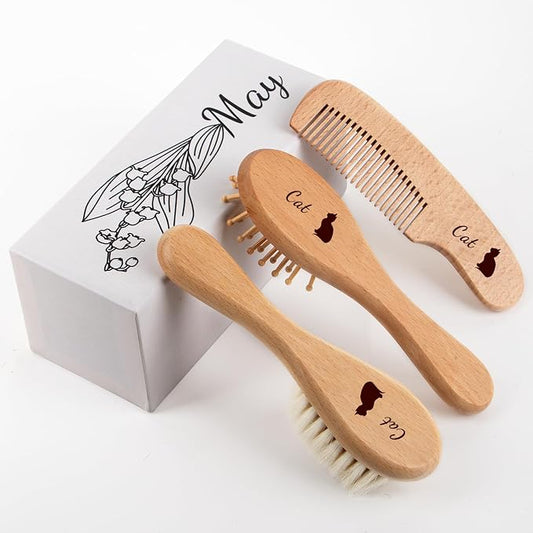 Personalized Baby Hair Brush & Comb Set with Soft Goat Bristles,Custom Laser Engraved Name,Newborn Grooming Kit with Birth Flower Gift Box (May)