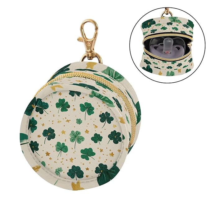 Pacifier Holder with Clip Pacifier Case for Diaper Bag Round Baby Pacifier Pouch Box Bag Portable Green Clovers and Stars