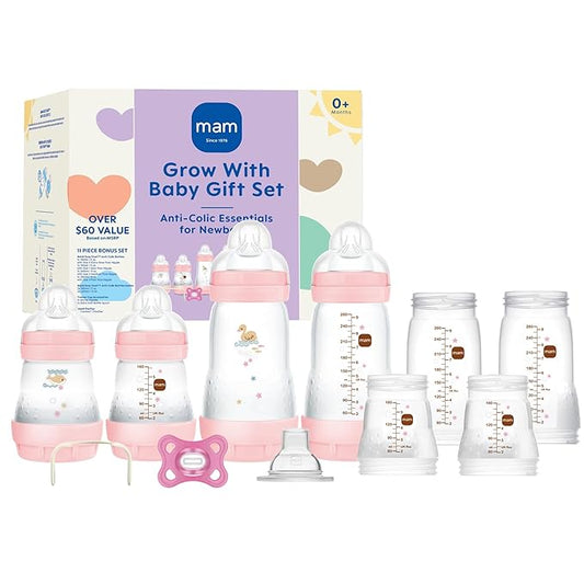 MAM Grow with Baby Feeding Set, Newborn Essentials Must Have for 0-3 Months, Anti-Colic Bottles, Pacifiers and Skinsoft Silicone Nipples, Baby Gift 11 Piece, BPA Free for Girl (Pack of 6)