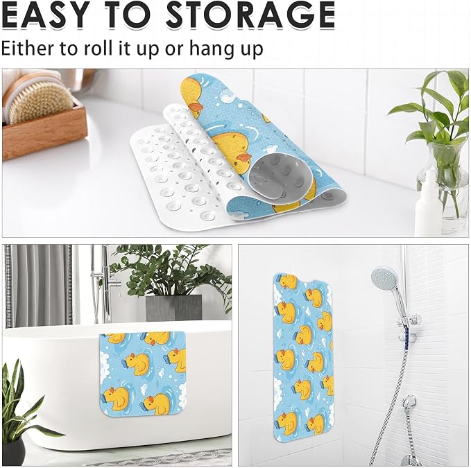 Yellow Rubber Duck Bathtub Shower Mat Blue Cute Non-Slip Tub Extra Long Bath Floor 40X16 Inch Machine Washable for Bathroom Tub Bath Mat for Toddler and Baby