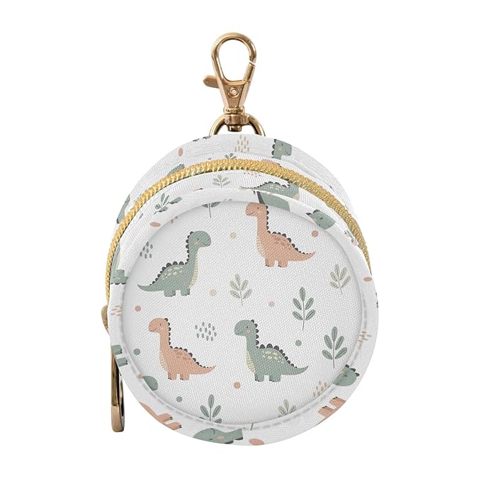 Cute Dinosaur Leaves Dots Baby Pacifier Holder Case with Clip Portable Pacifier Storage Organizer Round Container Pouch Box Fits Diaper Bag Stroller Purse