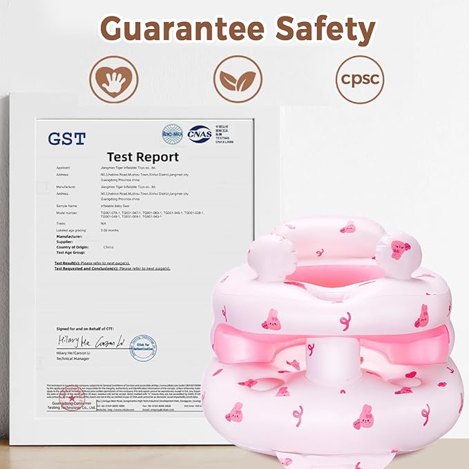 Inflatable Baby Seat for Babies 3-36 Monthsï¼?Squeaky Sound & Anti-Fall Design] Inflatable Chair with Sound-Making Ears, Baby Seat for Sitting-Up Practice, Built-in Air Pump (Pink Bunny)