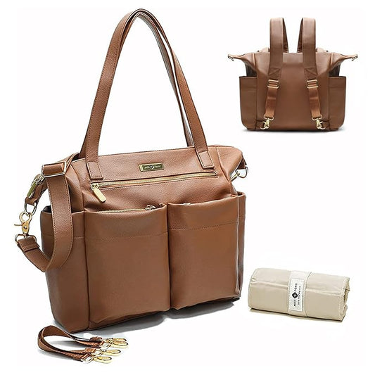 miss fong Diaper Bag Tote Leather Diaper Bag Backpack Pañaleras Para Bebe with 15 Pockets,Leather Diaper Tote with Diaper Changing Pad, Baby Bag for Moms Mommy Bag for Women