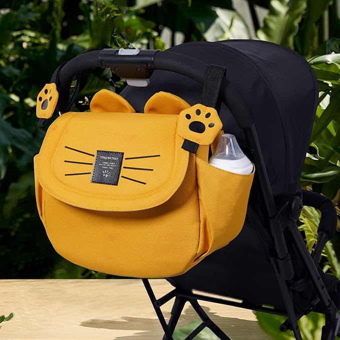 SUNVENO Kitty Stroller Organizer Bag ??Universal Baby Stroller Caddy with 2 Cup Holders, Adjustable Straps, Waterproof Oxford, Lightweight Travel Accessory for Strollers, Prams & Pushchairs,Yellow