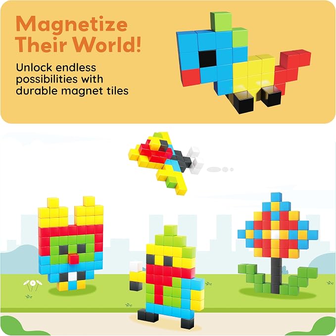 PicassoTiles 60pc Magnetic Puzzle Cube Building Set 1 Inch 3D Blocks STEM Construction Toy for Toddlers Kids Boys Girls Age 3+ Montessori Learning Travel Sensory Gift with Educational Idea Book PMC60