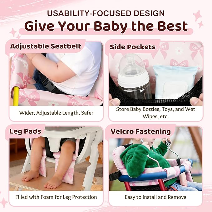 Portable Baby Shopping Cart Seat, High Chair Cover for Outdoor, One-Hand Installation Cart Seat Cover, Comfortable and Supportive Foam-Padded, Grocery Cart Baby Seat ??Pink Bow
