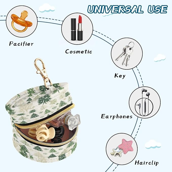 Pacifier Holder with Clip Pacifier Case for Diaper Bag Round Baby Pacifier Pouch Box Bag Portable Tree Green Christmas