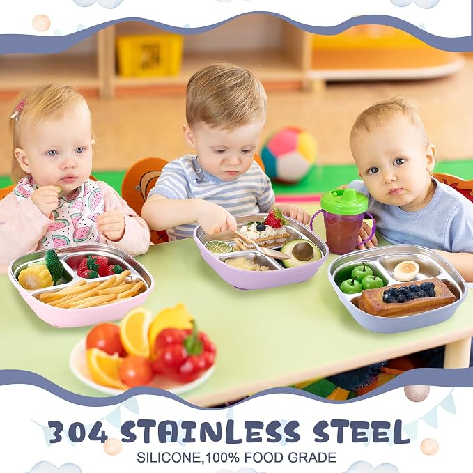 Geiserailie Square Stainless Steel Toddler Plates with Suction – 7.68” Divided Plates with Removable BPA-Free Silicone Sleeves, Unbreakable Baby Feeding Dishes Set of 4 (Pink,Green,Purple,Blue)