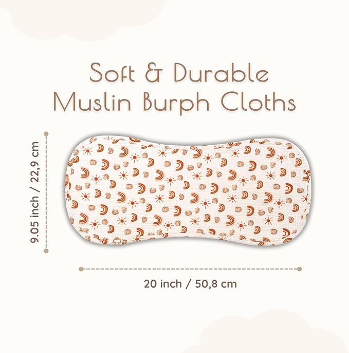 Muslin Burp Cloths Neutral Set, 6 Pack 20"x9" 100% Cotton Burp Cloths Baby Boy and Girl, Large Absorbent Burping Cloth for Babies, Soft Muslin Baby Washcloths, Nursery Gift Set Neutral Rainbow Design