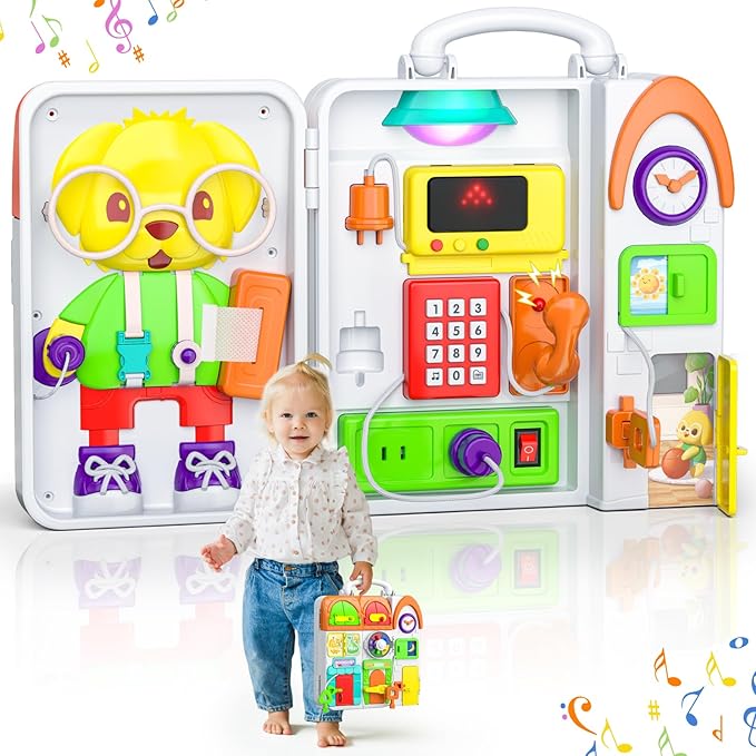 INNOSKY Montessori Busy Board for 1 Year Old Boy Girl, Musical Baby Toys 12-18 Months, Bilingual Learning Educational Toddlers Toys for 1-2 Year Old Birthday Gifts