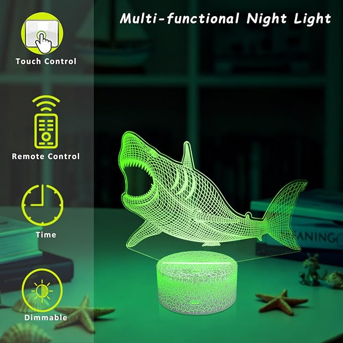 Shark Gifts for Shark Lover, 3D Nursery Night Light Lamp, Multi Color Change Timer Dimmalbe Remote Control, Bedroom Megalodon Theme Decor, Birthday Gift for Boy Girl Kids Teens Women Men