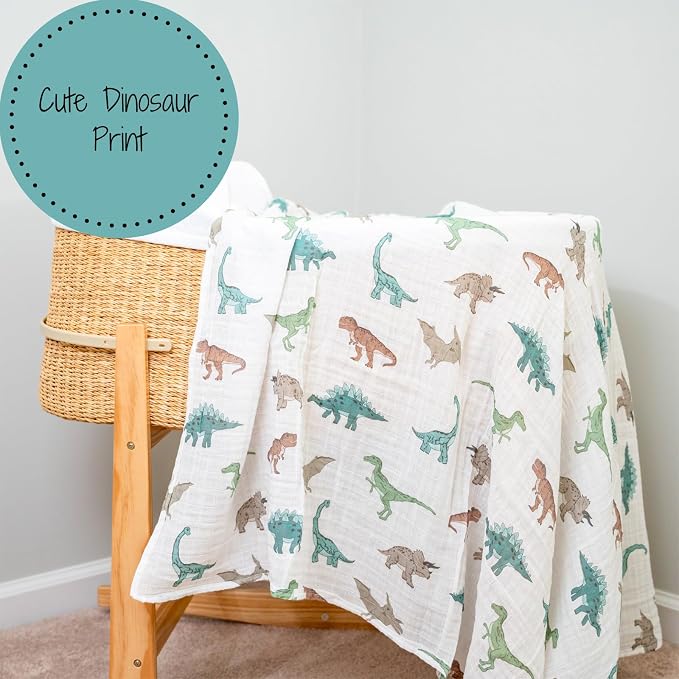 LollyBanks Baby Swaddle Blankets 2 Pack, 100% Cotton Muslin Blankets 47 x 47 Inches, Soft and Breathable Newborn Receiving Blanket for Boys, Cozy Infant Swaddle, Baby Essential (Dinosaur and Blue)