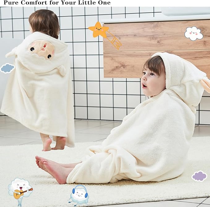 Toddler Baby Bath Towel with Hood 27.5"X55" Ultra Absorbent Soft Cozy Comfort Bathrobe Blanket, 0-6 Years Infant Shower Towel for Girls(White-Goat)