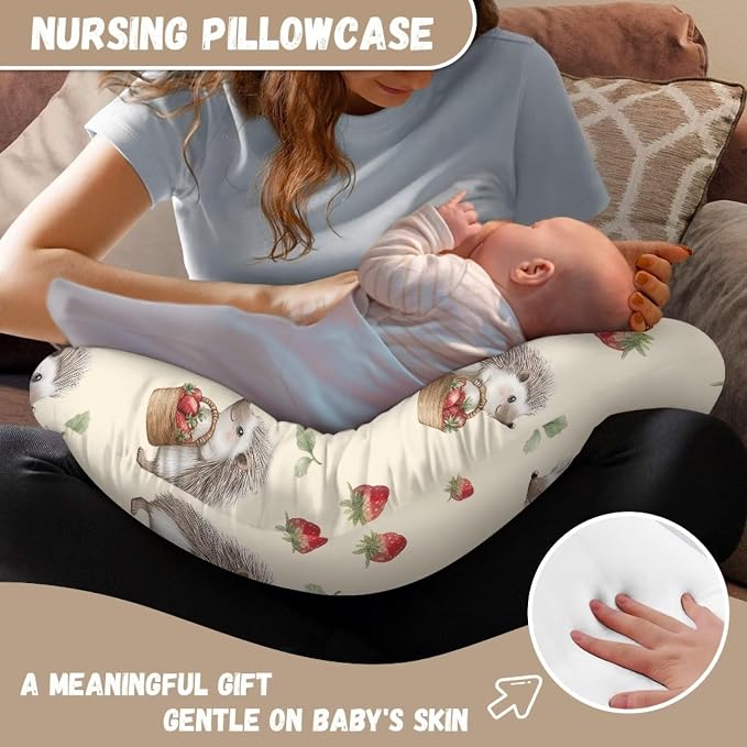 Hedgehog Strawberry Leaves Nursing Pillow and Positioner Detachable Newborn Original Breastfeeding Slipcover Case Soft Head Support Protector Cushion with Hidden Zipper Easy Care