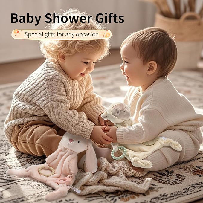 Loveys for Babies, Lovey Including Silicone Teether, Soft Bunny Stuffed Animals Security Blanket, Baby Snuggle Toy, for Newborn Boys and Girls