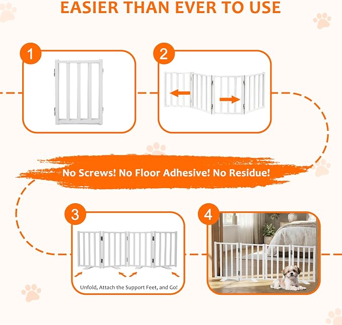 Snagle Paw Short Dog Gate,16.5" Tall Freestanding Metal Dog Gate Only for Small Dogs with Support Feet Easily Step Over,Up to 48" Wide Puppy Gate Indoor for Stairs,Doorways(White,4 Panel)