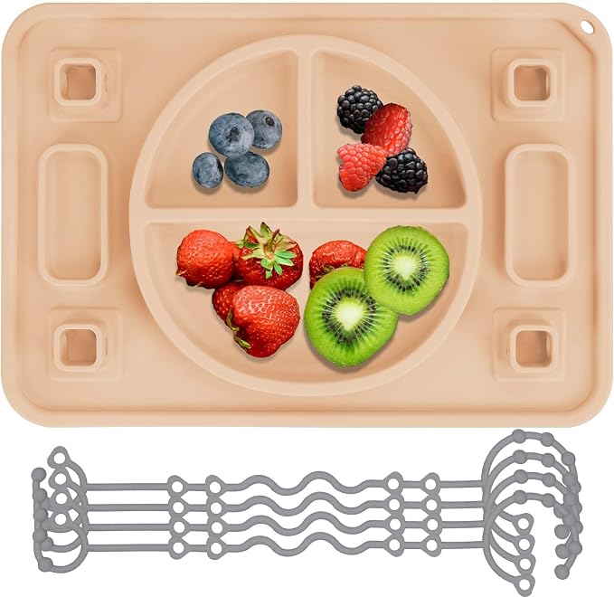 Strong Suction Baby Placemat, STARTURFLYU Silicone Toddler Plate with 4 Toy Straps & Anti-Peel Design, Dishwasher Safe Travel-Friendly Sensory Mat for High Chair, Airplane, Baby Led Weaning (Khaki)