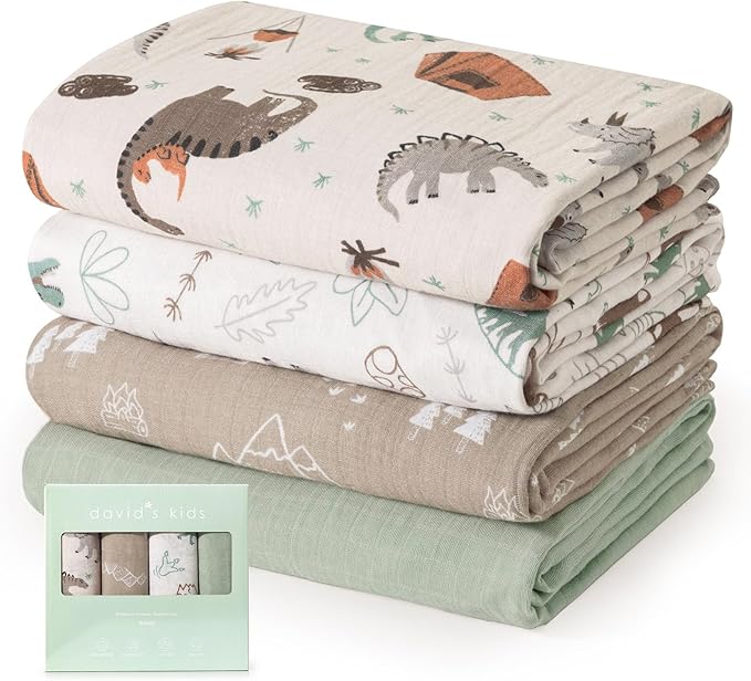 david's kids 4 Pack Baby Muslin Swaddle Blankets, 100% Cotton and Ultra Soft Breathable Receiving Blanket Wrap for Boys Girls, New Born Essentials, Large 47 x 47 inches, Dinasor & Camp