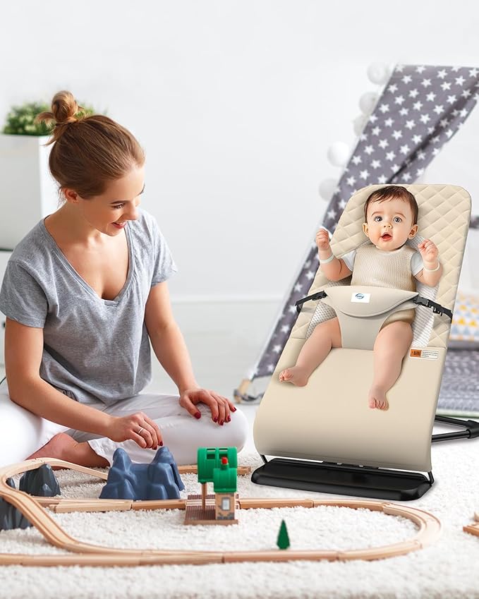 Baby Bouncer, Bouncer Seat for Babies 0-12 Months,Ergonomic Baby Seat Breathable and Comfortable Cushion with 3-Height Adjustments, Infant Rockers Portable Folding and Detachable