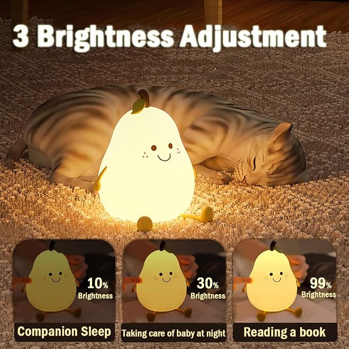 Cute Pear Night Light for Kids, Silicone Fruit Pear Lamp with Remote, Squishy Kawaii Bedside Cute Lamp, Adjustable Brightness NightLight for Bedroom, Rechargeable Soft NightLight for Room Decoration