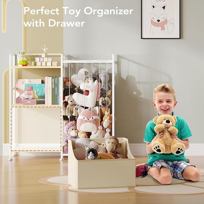 BBLIKE Kids Bookshelf and Toy Storage Organizer, Stuffed Animal Storage Holder with Fabric Toy Chest, 2-Tier Toddler Book Shelf for Kids Room, Playroom, Nursery, Beige