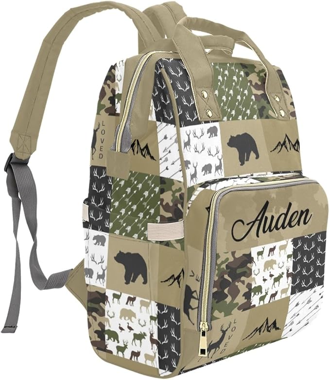 Woodland Deer Bear Baby Diaper Bag with Name – Personalized Nursing Travel Tote Backpack for Mom or Dad, Custom Name Baby Daypack Gift