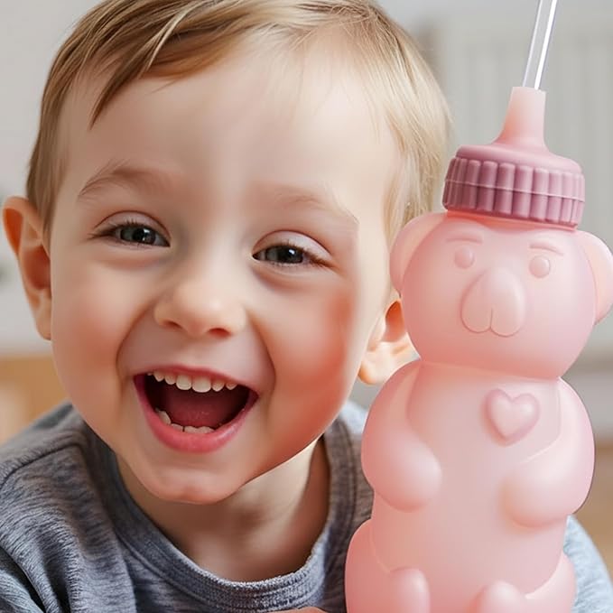 TalkTools Honey Bear Silicone Straw Cup, Dishwasher Safe Baby Drinking Bottle,Premium Food-Grade Material, Honeybear Sippy Cup for Ages 4+ Months, Kids and Toddlers (Single 8oz)-Bubblegum