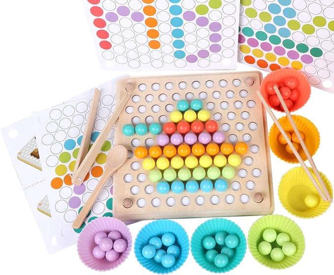 QZMTOY Wooden Peg Board Beads Game, Learning Montessori Toys,Color Sorting Stacking Matching Toys for Toddlers, Counting Toy for Kids, Educational Games for Fine Motor Math, Gift for Girls and Boys