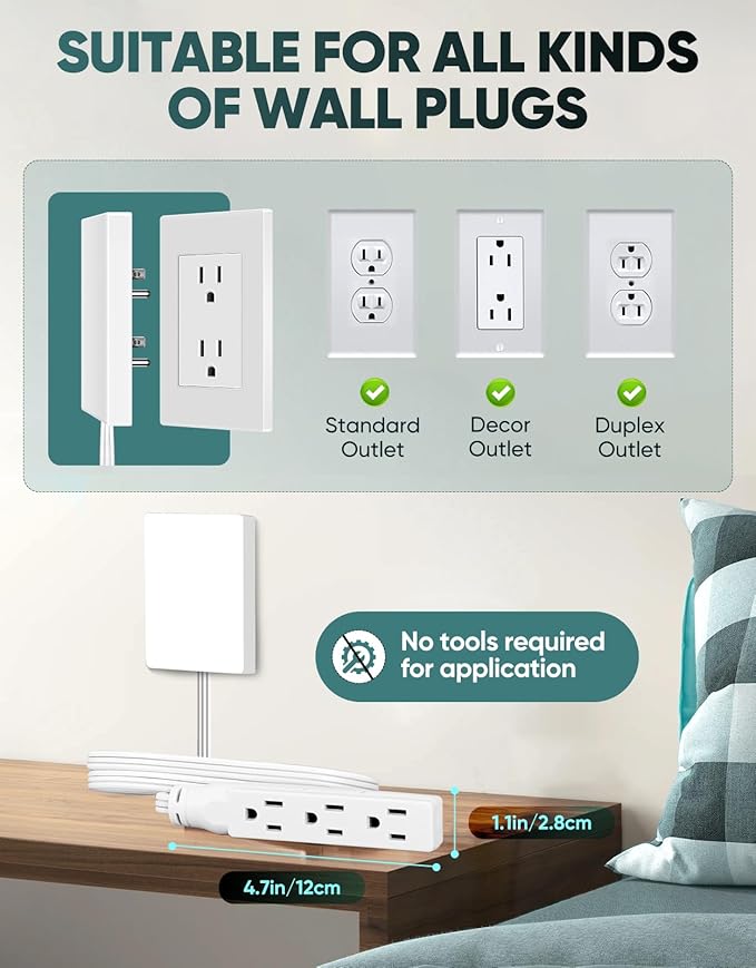 SakerPlus Outlet Concealer Power Strip-Outlet Cover Extender with 3AC Outlets-10ft Flat Plug Extension Cord,Universal Size,1625W for Kitchen, Home and Office,Child & Pet Safe(10 Foot)