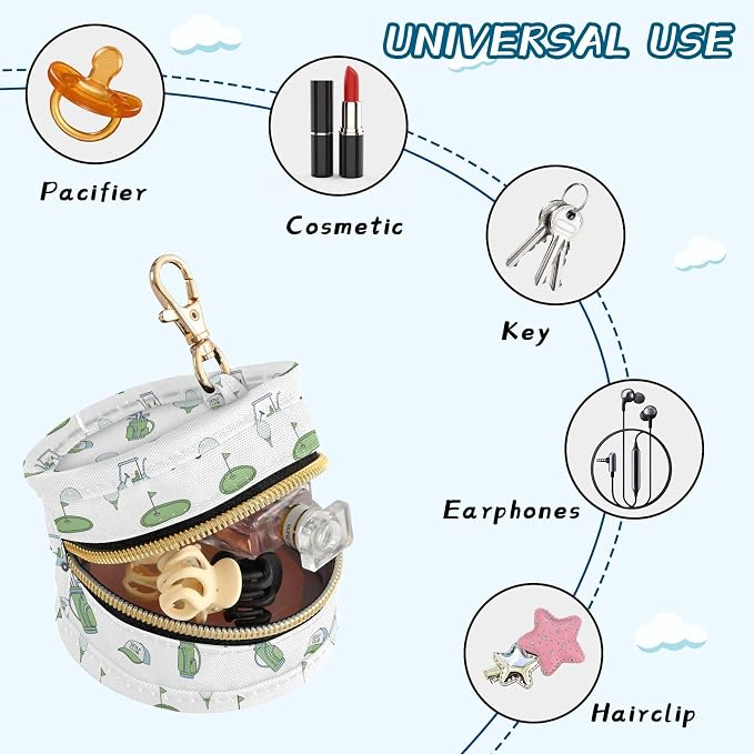 Golf Car White Print Pacifier Holder Case with Clip Paci Holder Pacifier Storage Case Container Portable for Diaper Bag Newborn Girl Boy Essentials