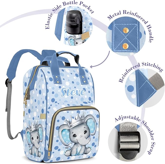 Cute Elephant Large Personalized Diaper Bag Backpack for Baby Boy with Name, Thermal Pockets, Waterproof Custom Baby Bags for Boys, Multi-functional Customized Nappy Bag Mom Travel Daypack