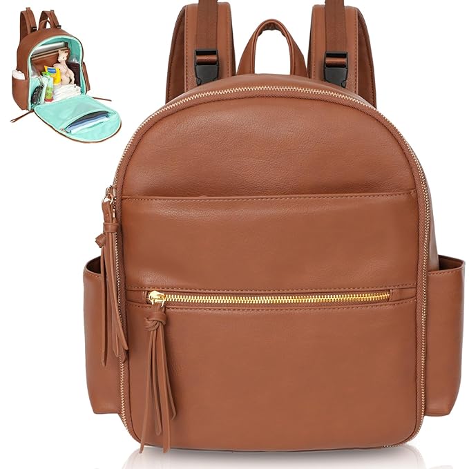 MOMINSIDE Small Diaper Bag Backpack, Mini Diaper Bag with 11 Pockets, Leather diaper backpack, Baby Diaper Bag for Baby Girls, 2 Insulated Pockets, Stroller Straps (Brown)
