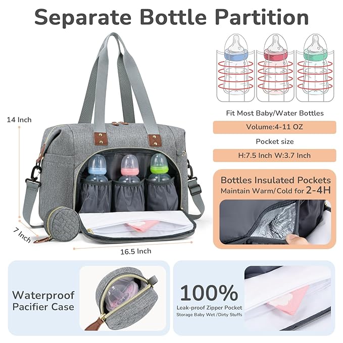 Tenot Diaper Bag Tote with Pacifier Case, Baby Bag for Women with Shoulder Straps, Travel Diaper Tote for for Mom and Dad Grey