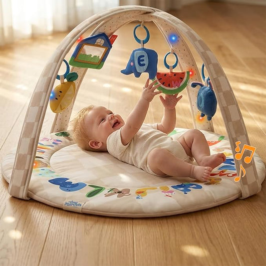 Baby Play Gym & Activity Mat with Light-up Musical Arch, Washable Tummy Time Mat with 6 Detachable Sensory Toys for Motor Skills, Baby Essentials Shower Gift - ABC123